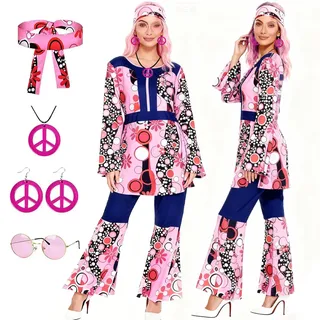 Betensh Hippie Kostüm Damen, 70er Jahre Outfit Damen, Hippie Kleidung für Karneval Cosplay (XL)