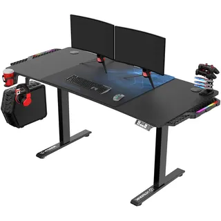 ULTRADESK Level V2 LED RGB | Gaming-Schreibtisch mit elektrischer Höhenverstellung | Interner Speicher für 2 Einstellungen | Steckdosenleiste, XXL-Mauspad | Stahlgestell, Blaues Pad, 140x68 cm