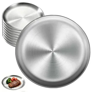 AXVRAV 9 Stück Edelstahl Teller 20 cm Rund, Edelstahlteller Set Unzerbrechlich & BPA Frei, Spülmaschinenfestes Edelstahl Geschirr Robuste Campingteller für Picknick Küche BBQ Party & Restaurant