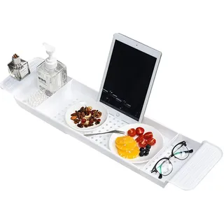 Badewannenablage Ausziehbar, Verstellbares Badewannenbrett Badewannentablett Kunststoff, Badewanne Brett Ablage, Badewannen Organizer und Halter für Weinglas Buch Telefon Seife Kerze Handtüchern