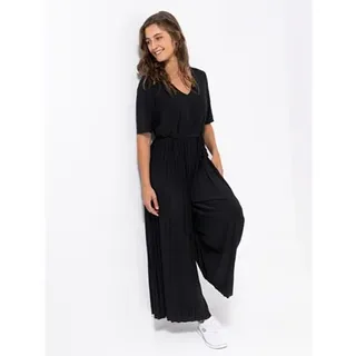 VIA MILANO Jumpsuit, langer 1/2-Arm V-Ausschnitt plissierte Beine