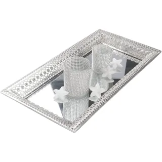 DRULINE 2tlg. Set Spiegeltablett - Tablett Dekotablett - Make up Organizer - Kerzentablett – Schmucktablett – Kosmetiktablett - B/H/T ca. 46/51 x 6 x 24/30 cm - Metall Silber/Spiegel - Geschenkidee