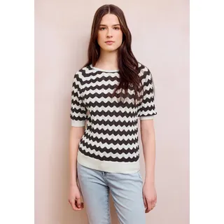 Rundhalspullover STREET ONE STUDIO, Damen, Gr. 44, sanftes weiß, Web, 100% Baumwolle, gemustert, comfort fit normal, Rundhals, Bündchen, Pullover Rundhalspullover, mit Strick-Detail