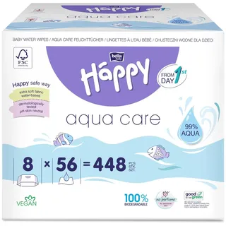 bella baby Happy Baby Feuchttücher mit 99% Wasser, Feuchttücher Box für Baby Aqua Care mit Klickverschluss (8x56 Stück)