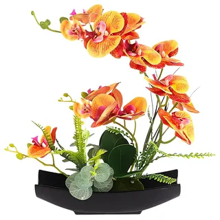 YOBANSA Real Touch Seiden-Orchidee, künstliche Blumen mit Blumentöpfen, künstliche Phalaenopsis, künstliche Orchideen-Blumenarrangements für Heimdekoration (orange + schwarze Vase)