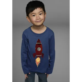 Kidsworld Langarmshirt "Rakete aus Wendepailletten", Jungen, Gr. 128/134, blau (marine), Single Jersey, Obermaterial: 100% Baumwolle, bedruckt, Basic, Rundhals, Shirts Langarmshirt, langärmelige, Basic-Passform, aus Jerseystoff, aus Baumwolle