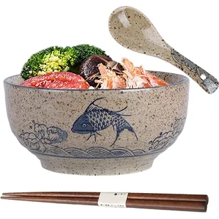 Ramen Schüssel,Japanische Schüssel Keramik,Ramen Schüssel Set,Ramen Bowl mit Löffel Essstäbchen,Vintage Ramen Schale aus Keramik, Suppenschalen, Japanisches Geschirr