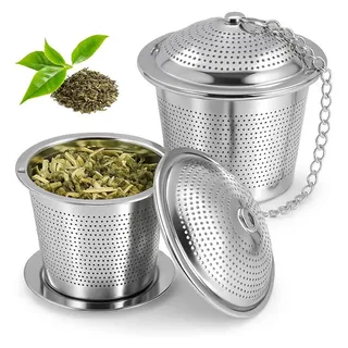 Geschenkehöhle Teesieb 2er Set Edelstahl – Feines Sieb für losen Tee, Tassen & Teekanne, Edelstahl, - Inklusive Abtropfschale & 11 cm Kette -