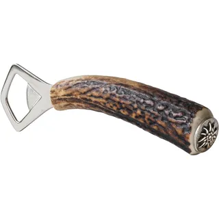 Flaschenöffner Hirschhorn, mit Griff aus echtem Horn, Kapselheber Tracht, versilberte Zierkappe mit Edelweißmotiv, ideal für Trachtler und Jäger sowie für ein uriges Zuhause