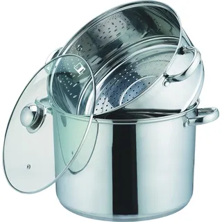 KAMBERG 0008074 – Couscoustopf/Dampfgarer/Kochtopf (3‐in‐1) – Durchmesser 30 cm – 15 Liter – Hochwertiger Edelstahl – Mit Glasdeckel – Für alle Herdarten, auch Induktion, grau, 15 cm, 31,5 x 31,5 x 30 cm