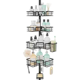 SWTYMIKI Duschregal Teleskop Dusche Teleskopstange - 4-Tier Teleskop Eckregal Dusche mit Seifenhalter, Zahnbürstenhalter und 4 Haken, verstellbarer Edelstahl Duschablage Ohne Bohren Ecke, 70-275cm
