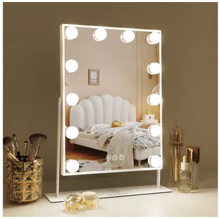 FENCHILIN Schminkspiegel mit Beleuchtung 12 dimmbare Led Lampen 360° Drehbar Kosmetikspiegel mit 3 Lichtfarben 10x Vergrößerung Touch-steurung Weiß 30x41 cm