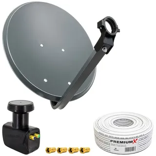 PremiumX Satelliten-Komplettanlage 60cm Antenne Anthrazit Schüssel SAT Twin LNB 30m Antennenkabel 4x F-Stecker