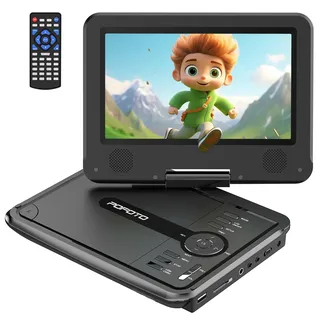 POFOTO 9,5" Tragbarer DVD Player mit 7,5" HD-Schwenkbaren Bildschirm, 4-6 Stunden Akkulaufzeit, DVD Player Auto mit Dual-Lautsprechern, Autoladegerät, Netzteil, Sync TV/USB/SD-Karte (Grau-schwarz)