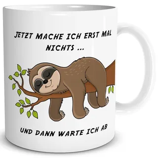 TRIOSK Tasse Faultier mit Spruch lustig Jetzt mache ich erstmal nichts Sprüche Geschenk Spaßtasse für Arbeit Büro Kollegen Männer Frauen Faultierfans Weiß, Keramik 300ml