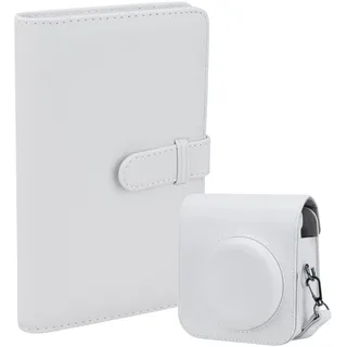 ZUIKAKU Schutzhülle PU Leder Tasche Abdeckung für Fujifilm Instax Mini 12 Instant Kamera mit abnehmbarem verstellbarem Riemen, 108 Taschen Fotoalbum für Instax Mini 12(Weiß)