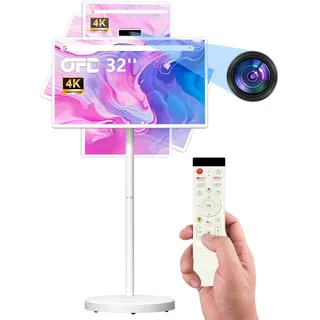 32 Zoll FHD Smart Portable TV auf Rädern,Rolling TV 1080P Android 15 OS | Touchscreen Monitor,6GB RAM + 128GB Speicher, 8MP Kamera, Eingebauter 6–8H Akku,360° Drehbar, Sprachfernbedienung