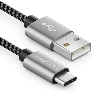 deleyCON 2m Nylon USB-C Kabel Ladekabel Datenkabel USB Typ C | Metallstecker, Laden & Synchronisieren von Handy & Smartphone