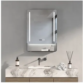 AQUALAVOS Badspiegel Wandspiegel Bad Spiegel mit Ablage 50x70cm LED Uhr Lightspiegel, Moderne Badspiegel mit Beleuchtung, Ablage, Uhr, Antibeschlag