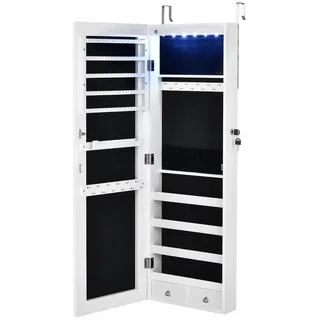 Costway Schmuckschrank hängend, 2 in 1 Spiegelschrank mit LED Leuchten & 2 Schubladen, Hängeschrank abschließbar, Wandschrank Schmuck Organizer zur Wand-/Türmontage, Weiß