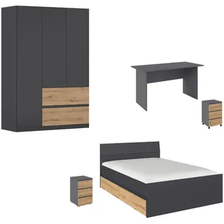 Rauch "Komplettzimmer Schlafzimmer-Set (5-St.) Jugendzimmer-Set JOEL" Set, Bett 90x200 oder 140x200 cm, Ausstattungspakete BASIC/CLASSIC/PREMIUM, 5 Stk. tlg. Bett 2 Breiten,Nachttisch,Tisch,Rollcontainer,Schrank MADE IN GERMANY