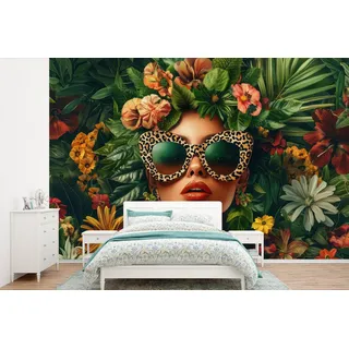MuchoWow Fototapete Frau - Pantherdruck - Dschungel - Natur - Luxus, Matt, bedruckt, Wallpaper für Wohnzimmer, Schlafzimmer, Vinyl Tapete, 450x300 cm bunt 4.5 m x 3 m