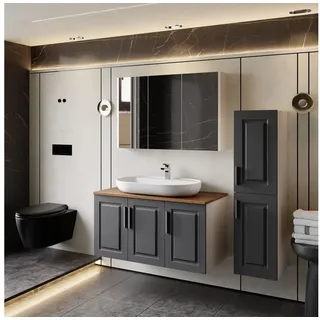 Karen Badmöbel-Set Badmöbel Set Arin Anthrazit Konsole, (Komplett-Set, Standartmäßig 4-Teilig (Unterschrank, Konsole, Waschbecken, Spiegelschrank), 4-St., Unterschrank mit Türen, Spiegelschrank mit Türen & Regalen), Landhaus-Stil, Matt-PVC-Beschichtung, Konsole, Aufsatzwaschbecken grau 100 cm