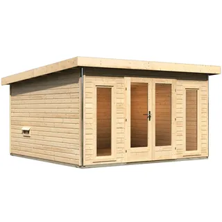 Karibu Saunahaus Mainburg 3 mit Vorraum - 38 mm naturbelassen Set A (Sauna B 2 x T 1,7 m mit 2 Liegen 57 cm) Ohne Ofen inkl. gratis Saunaofen im Wert von 599,99 € - 50% Rabatt auf Dacheindeckung