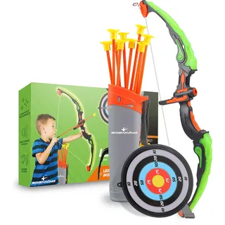 Bogenkönig Bogenschießen Set | Pfeil und Bogen kinder Set mit LED Blitzlichtern 10x Saugnapfpfeile 1x Zielscheibe 1x Pfeilhalter Spielzeugbogen Set für Jungen und Mädchen ab 6 Jahren Outdoor Spielzeug