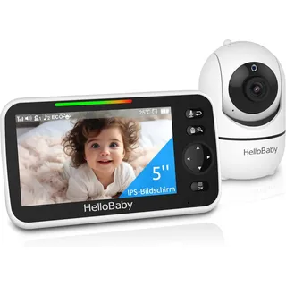 HelloBaby Babyphone mit Kamera, 3500 mAh 5 Zoll Bildschirm, Kabelgebundene Kamera, 355° Schwenken-120° Neige-Zoomen, Babyfone ohne WLAN, 2 Wege Audio, Temperatur, 8 Schlaflieder, Nachtsicht, HB6550