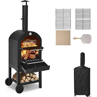 Holzbefeuerter Pizzaofen für den Außenbereich, freistehender Stahlofen mit 2 Rädern, ideal für Grill, Camping, Hinterhof-Party, gebrannter Pizzaofen im Freien