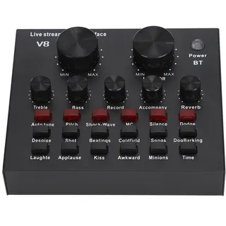 Akozon V8 USB Bluetooth Audio Mixer, Zweite Generation Computer Broadcast Live Mixer Karte Voice Changer ABS Black Sound Voice Changer mit 18 Effekten Mixer Interface für Streaming D