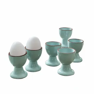 Loberon Eierbecher 6er Set Biarré - Steingut mit Zierendem Farbrand - Handgetöpfert - Glänzende Oberfläche - 6.5cm, türkis