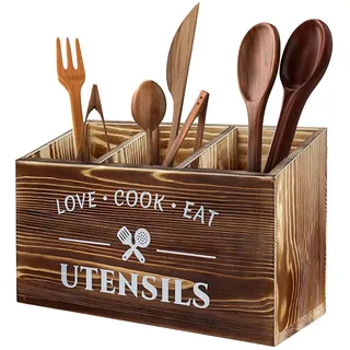 Lnopever Kitchen Utensilhalter mit Drainageboden, 3 Fächer fester echtes Holz Utensil Organizer für Küchentheke, Küchenutensilien Lagerraum, Messer, Gabel und Löffel Lagerkörbe,Brown