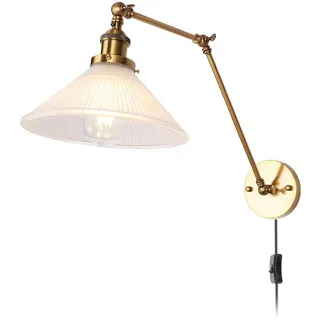 E27 Vintage Wandleuchte Verstellbarer Lange Arm mit Schalter Wand-Leselampe Rustikale Metall Wandlampe Nachttischlampe,1,8M Kabel mit Stecker, Glas Lampenschirm, für Schlafzimmer Wohnzimmer Esszimmer
