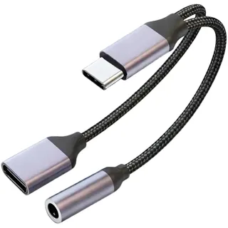 2 in 1 USB C auf 3,5mm Klinke Adapter mit 60W PD Schnellladung, Adapter USB C auf Klinke 3,5 mm & Ladefunktion, HiFi DAC USB C Aux Adapter für iPhone 15/16, Samsung S25/S24, USB C Adapter Kopfhörer Sc