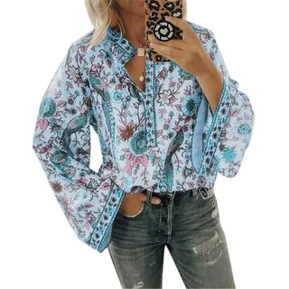 ORANDESIGNE Damen Vintage Bohemian Blusen Hippie Blumen Bluse Boho Tunika Elegante Oberteile Tops Langarm Shirt A Blau XXL - XXL