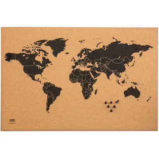 Idena 10415 - Pinnwand "World Map" aus Kork, mit schwarzer Weltkarte, mit 6 Pinnwandnadeln, ca. 60 x 40 cm groß, ideal als Wandbild, Dekoration und für den Arbeitsplatz