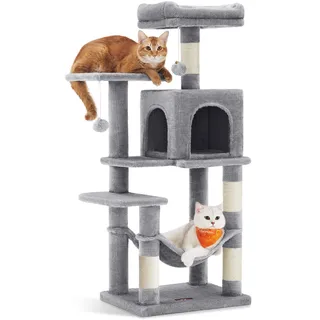Songmics Feandrea Kratzbaum, 112 cm hoch, Katzenbaum, mehrstöckiges Katzenhaus, mit 4 Kratzsäulen, 2 Plattformen, Hängematte, hellgrau