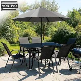vortivo 8-teiliges Gartenmöbel-Set für 6 Personen mit Sonnenschirm – stapelbare Stühle, Tisch mit Glasplatte – wetterfest – Schwarz - Schwarz