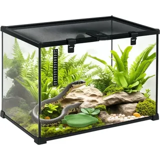Terrarium für Reptilien Reptile Fütterungsbox Glasterrarium Amphibien Spinnentiere mit Thermometer Reptilienzuchtbox Metall Schwarz 50 x 30 x 35 cm
