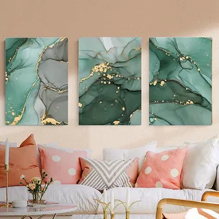 HEHGVCF Poster & Kunstdrucke Bilder Wohnzimmer Grün Gold Bild auf Leinwand 3er Modern Leinwandbilder Wohnzimmer Home Schlafzimmer ohne Rahmen Wandbilder (Marmor A,60 x90cm)