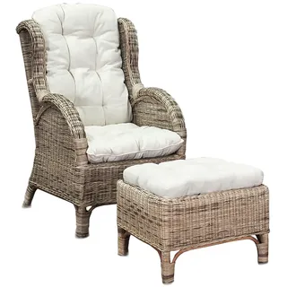 FineHome XXL Relaxsessel Korbsessel Ohrensessel mit Fußhocker aus Rattan, inkl. Polster beige Gartensessel Rattansessel mit Hocker