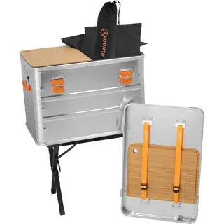 Alubox® Campingbox 78 Liter Aluminium Kitchenbox Campingküche Küchenbox 62 x 41,5 x 41 cm für PKW/Auto Kofferraum inkl. Einsatz mit 3 Trennfächern + 2 Bambus-Schneidebretter + robusten Klappständer