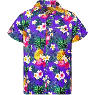 King Kameha Funky Hawaiihemd Kinder Jungen Mädchen Kurzarm Fronttasche Hawaii-Print Unisex Ananas Blätter Muster - 8 Jahre