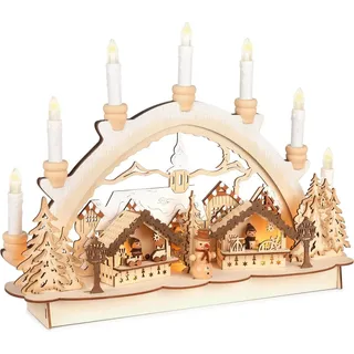 Brubaker 3D Lichterbogen Schwibbogen mit LED Kerzen - Weihnachtsmarkt 2025 - Weihnachtsbeleuchtung aus Holz Natur - 31 x 41 x 11 cm - Handbemalte Figuren - Weihnachtsdeko für Tisch & Fenster