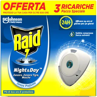 Raid Night & Day Nachfüllpackung, elektrischer Mückenschutz, geruchlos, sandfrei, Packung mit 3 Nachfüllpackungen