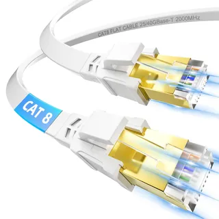 Soibke Cat 8 LAN Kabel 5m, Ethernet Kabel Flach Netzwerkkabel 5 meter Hochgeschwindigkeits 40Gbps 2000MHz RJ45 Internetkabel Wasserdicht Wlan Kabel Weiß Gigabit Patchkabel für Router Modem