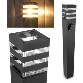 Lumiled Wegeleuchte Außen Pollerleuchte Außenstehleuchte Stehlampe Außenleuchte mit Steckdose Gartenleuchte Wegelampe Stromsäule 80cm IP44 schwarz spritzwasserdicht Aluminium E27 Fassung max 13W