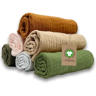mimaDu - 6er Set Baby Musselin Tuch aus Bio-Baumwolle GOTS 25x25cm - Spucktücher für Junge & Mädchen - Handtücher zur Babypflege ideal als Spucktuch, Musselintuch, Waschlappen, Mulltuch (Bunt, Earth)